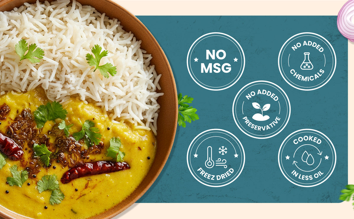 Dish of rice and curry with health benefits icons on a blue background