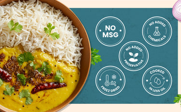 Dish of rice and curry with health benefits icons on a blue background