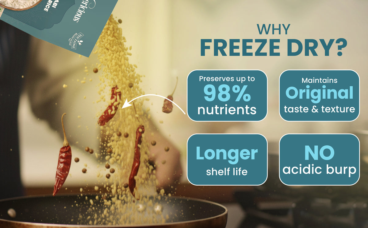 Freeze-drying process with text highlighting benefits on a blurred background