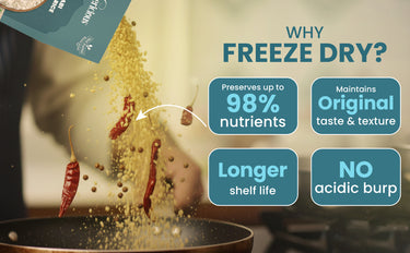 Freeze-drying process with text highlighting benefits on a blurred background