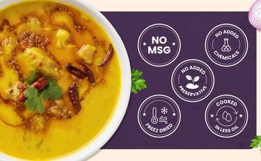 Stir-fry dish with a purple label indicating no MSG, no added chemicals, no added preservatives, cooked, and freeze-dried.