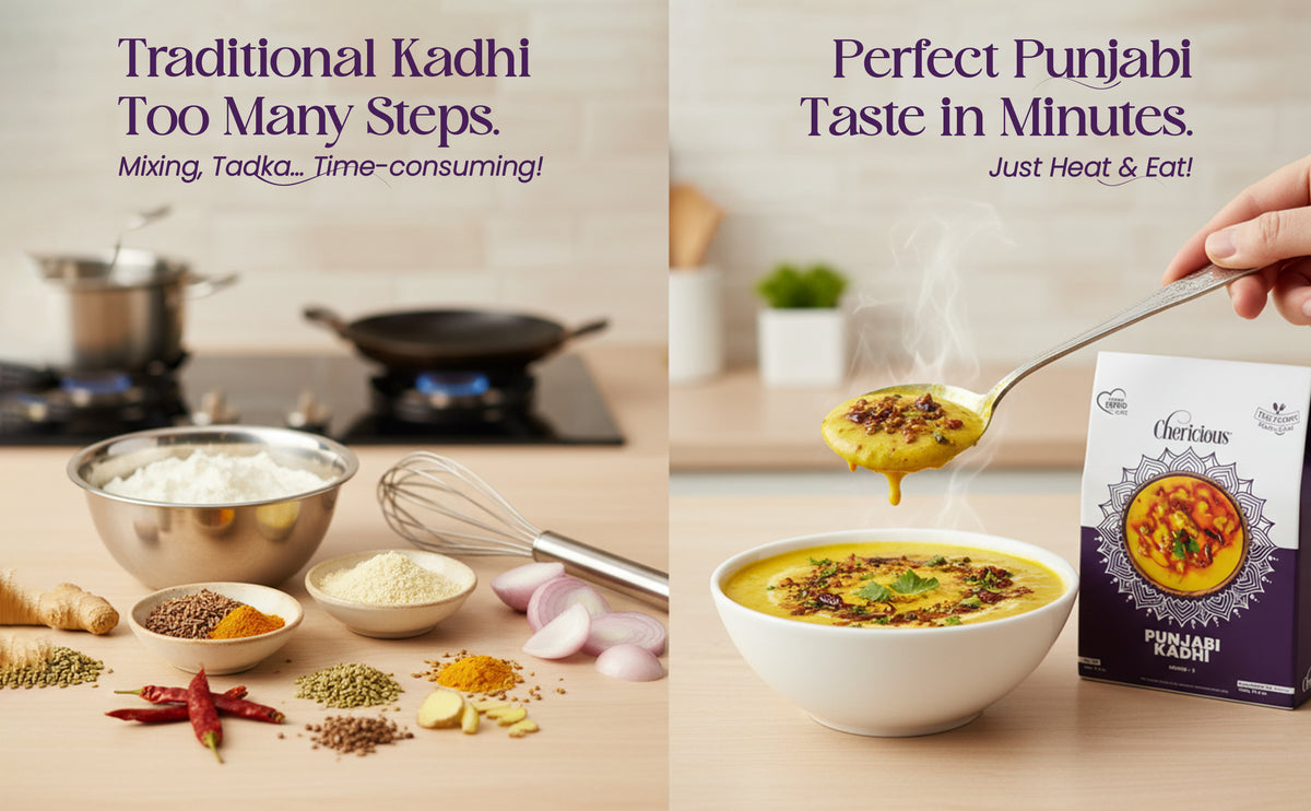 Advertisement for a quick Punjabi dish mix with ingredients and a bowl of prepared food.