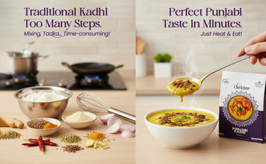 Advertisement for a quick Punjabi dish mix with ingredients and a bowl of prepared food.