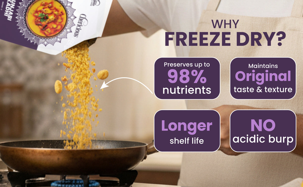 Freeze-dried food being poured into a pan with benefits listed on a white background