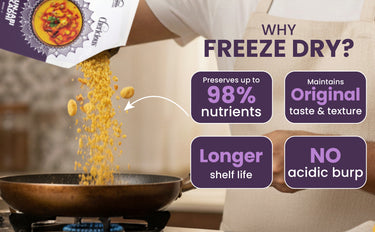 Freeze-dried food being poured into a pan with benefits listed on a white background