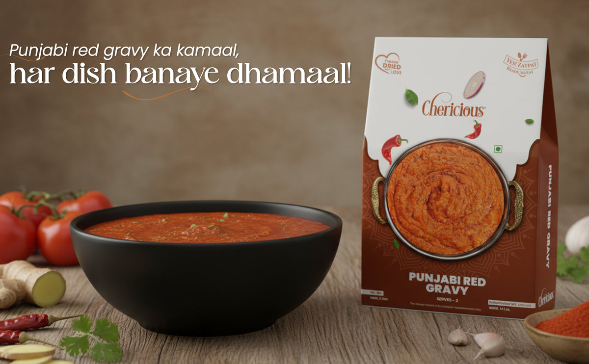 Punjabi red gravy with a package labeled 'Cherilicious' on a wooden surface.