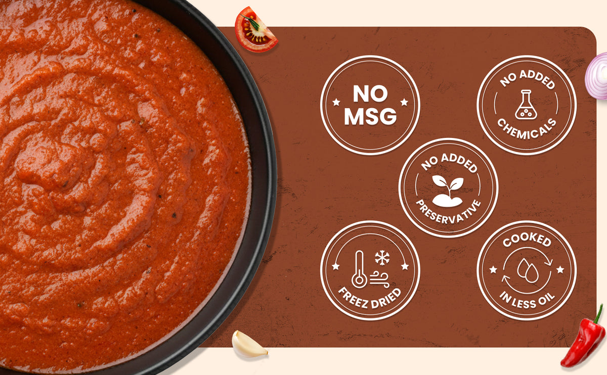 Red sauce in a pan with a label indicating no MSG, no added chemicals, and other health benefits on a brown background.