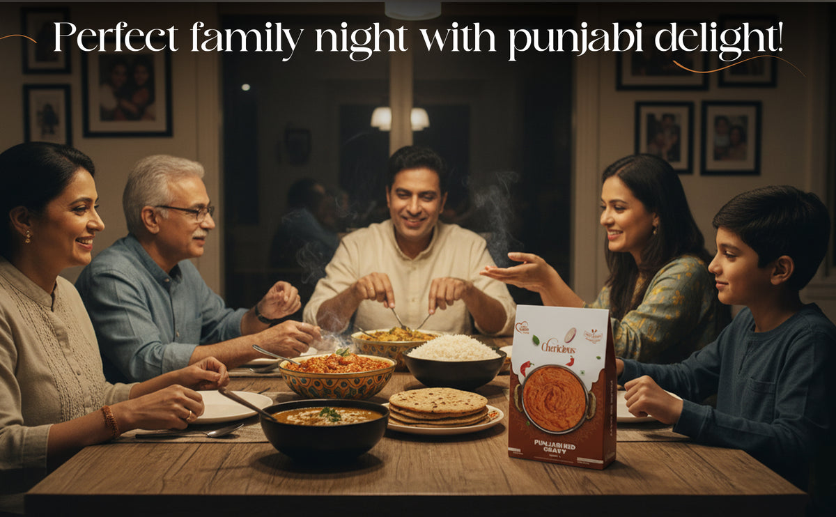 Family enjoying a meal together with Punjabi food items on a table.
