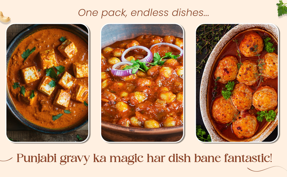 Three images of different dishes with text about Punjabi gravies.