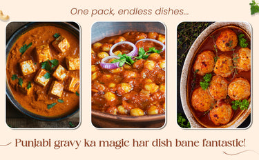 Three images of different dishes with text about Punjabi gravies.