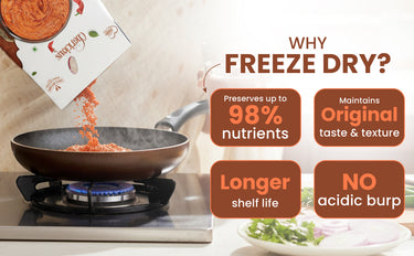 Freeze-dried food being added to a pan with text highlighting benefits on a kitchen background.