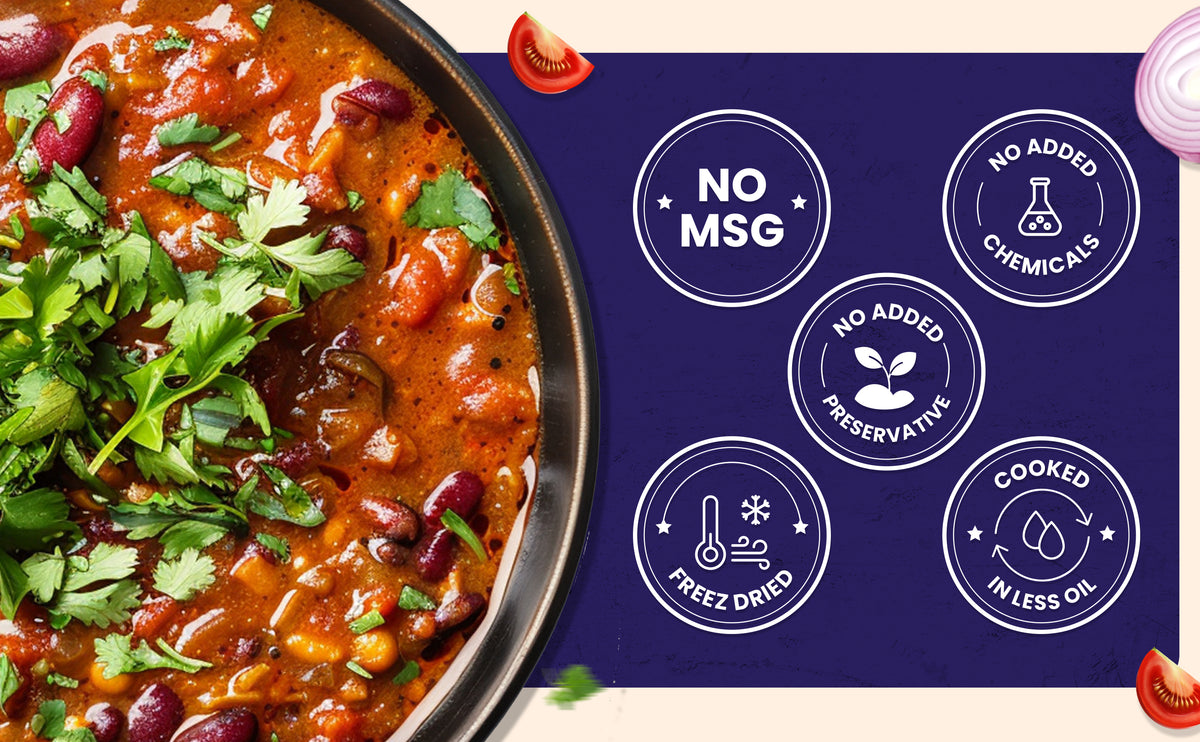 Vegetarian chili with beans and cilantro in a pan on a blue background with health benefits text.