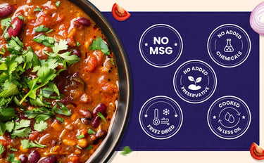 Vegetarian chili with beans and cilantro in a pan on a blue background with health benefits text.