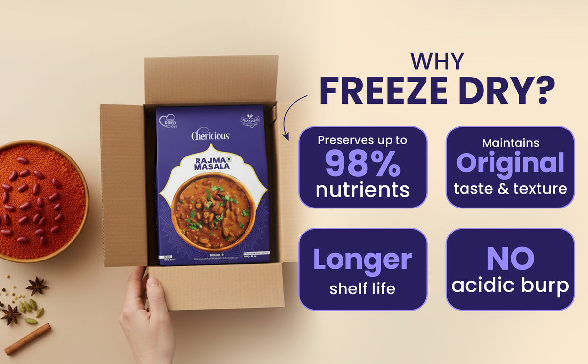 Freeze-dried food packaging with nutritional benefits highlighted on a beige background