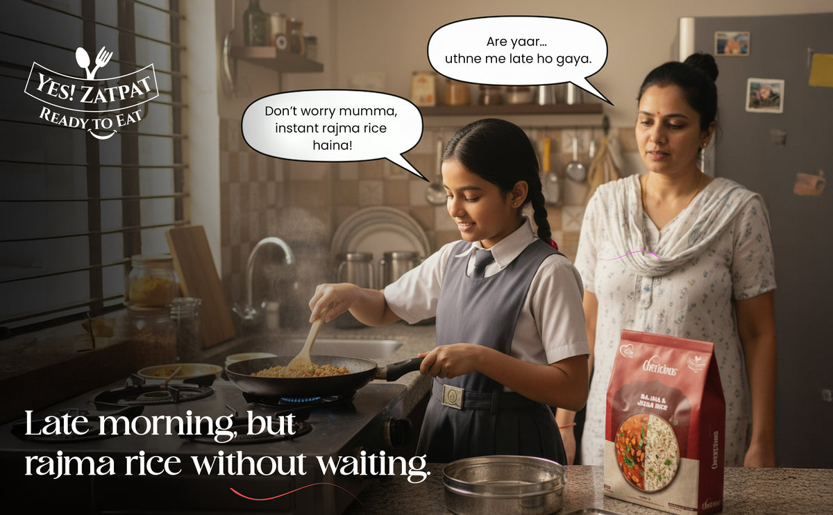 Woman and child cooking together in a kitchen with a 'Yes! Zatpat' instant food package.