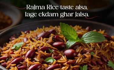 Rajma rice dish with text overlay on a dark background