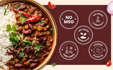  bowl of beans with rice and garnishes on a brown background with health benefits icons.