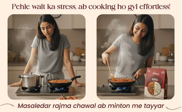 Woman cooking in a kitchen with a box of Unilever products.