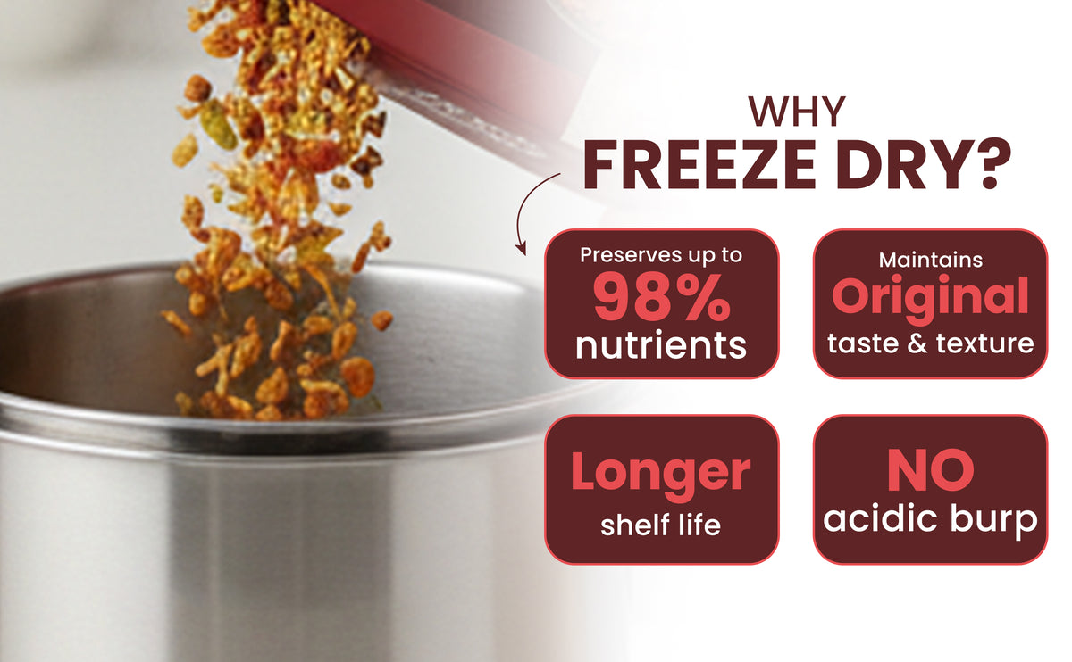 Freeze-dried food being poured into a container with text highlighting benefits of freeze drying.