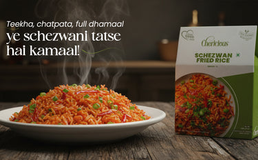 Schezwan fried rice on a plate with a box of the product in the background, featuring text in Hindi.