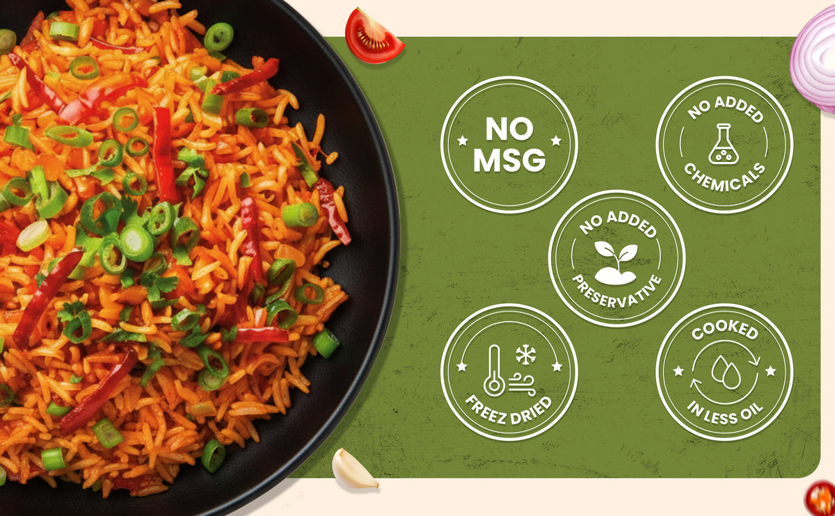Fried rice dish with vegetables on a black plate, green label with health claims on a white background