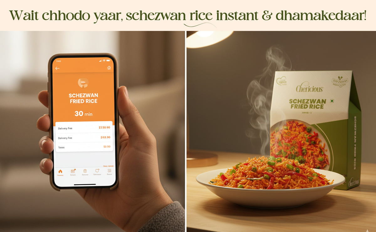 Hand holding a smartphone with a cooking app next to a bowl of Schezwan fried rice.