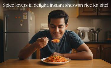 Man eating shezwan rice in a kitchen with text overlay