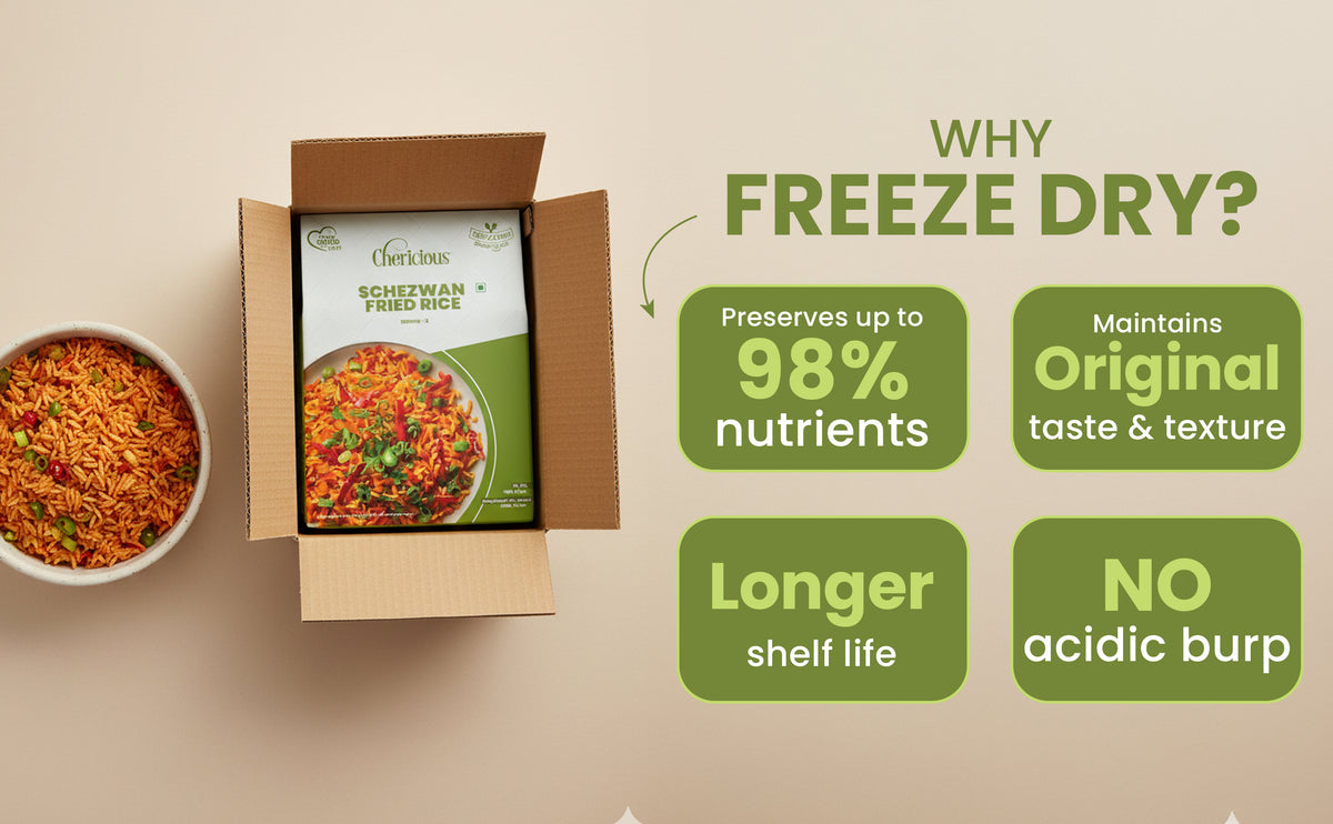 Freeze-dried food packaging with nutritional benefits highlighted on a beige background