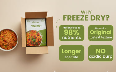 Freeze-dried food packaging with nutritional benefits highlighted on a beige background