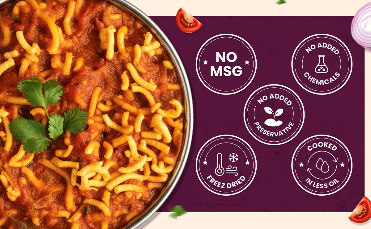 Pasta dish with a purple label highlighting health benefits on a white background