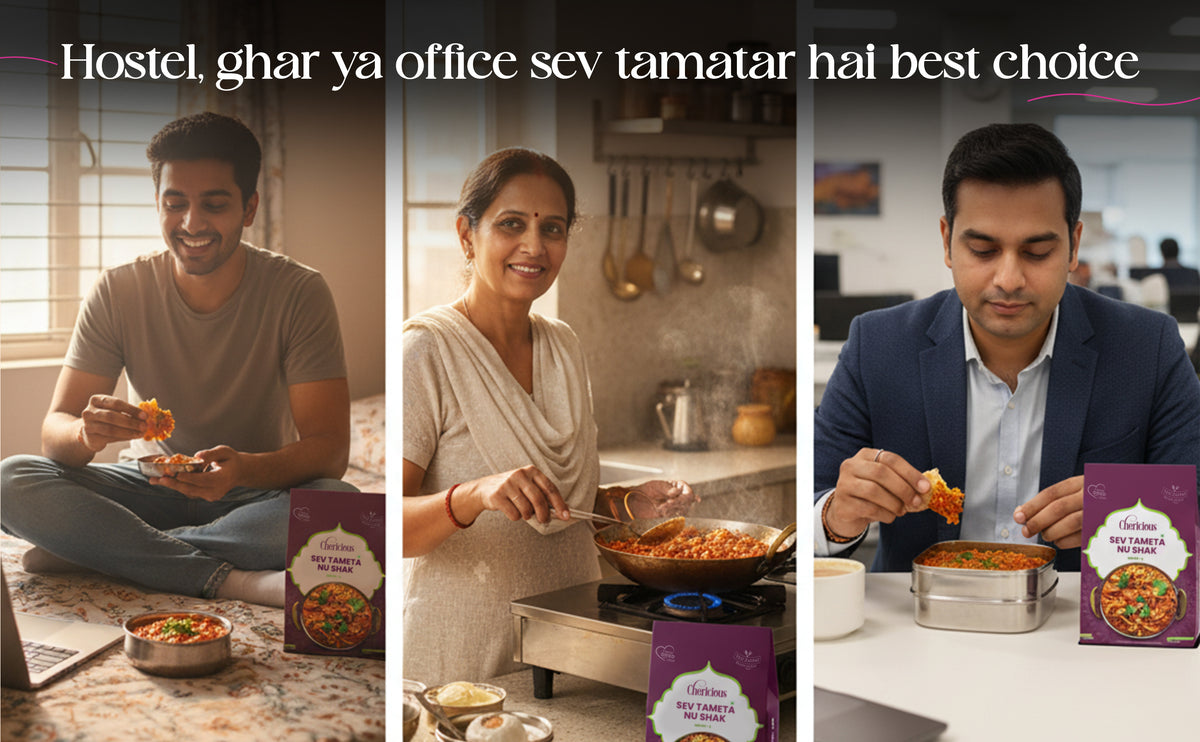 Three people enjoying food from a branded container with text overlay.