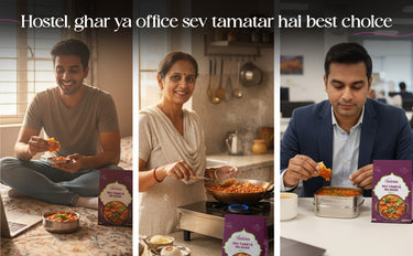 Three people enjoying food from a branded container with text overlay.