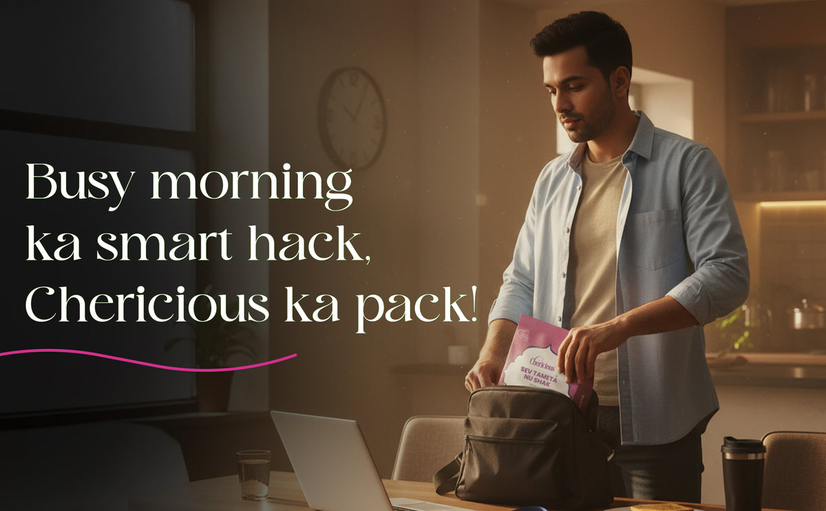Man packing a bag with text overlay in a kitchen setting