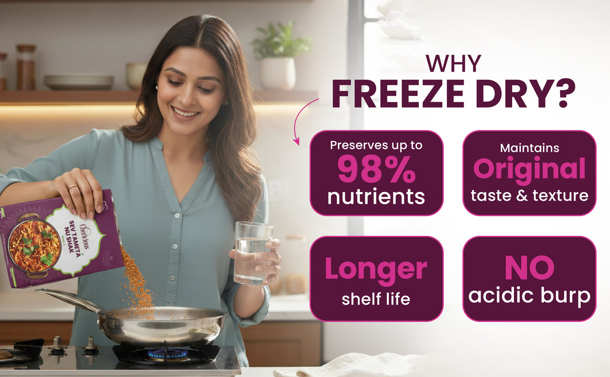 Woman in a kitchen with freeze-dried food packaging, emphasizing benefits of freeze-drying.