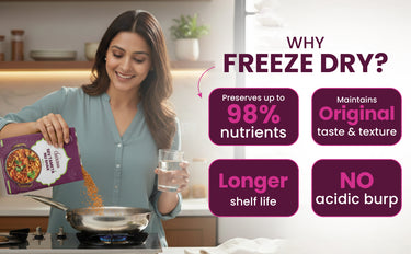 Woman in a kitchen with freeze-dried food packaging, emphasizing benefits of freeze-drying.