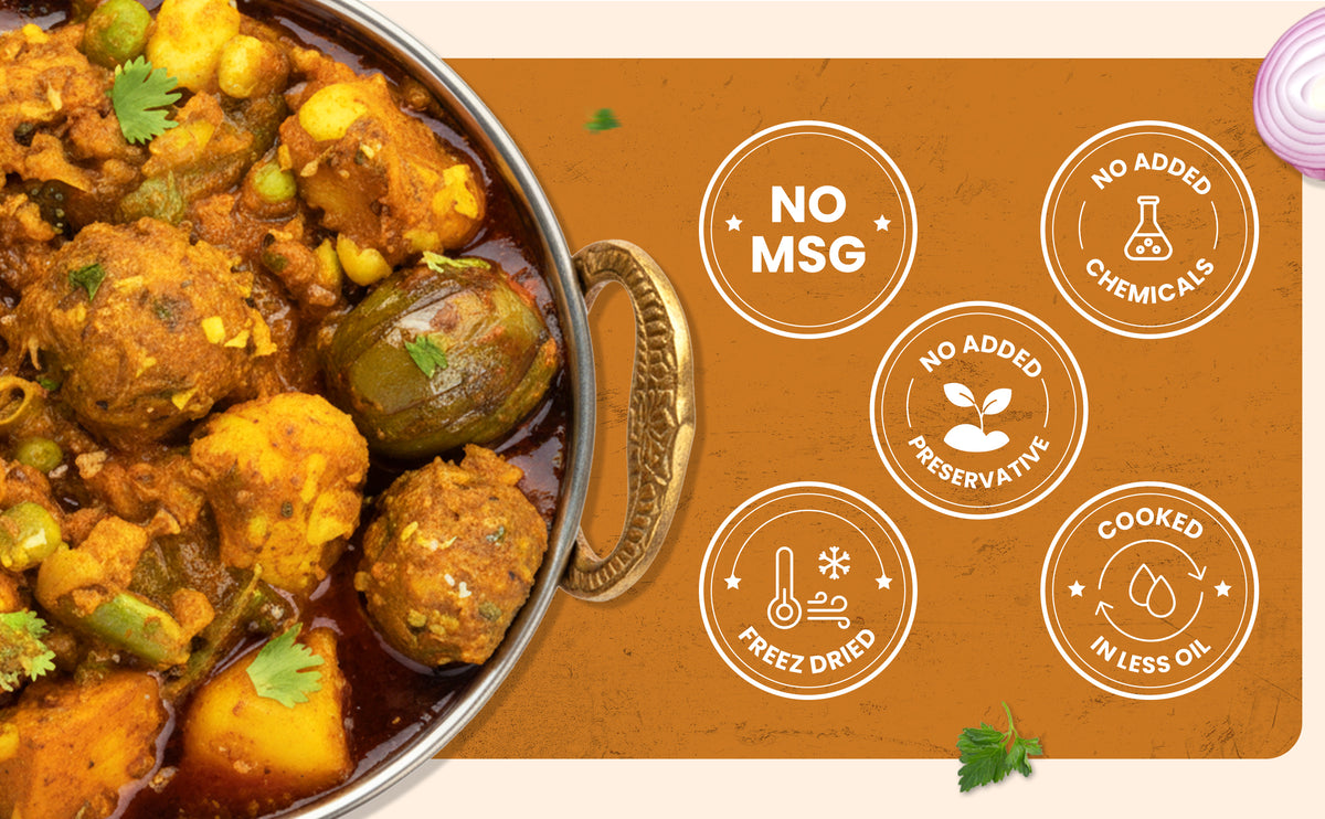 Casserole dish with food on a brown background with health benefits text