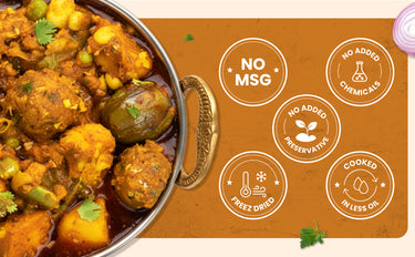Casserole dish with food on a brown background with health benefits text