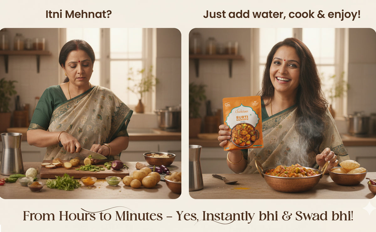 Two women in a kitchen setting with one preparing food and the other holding a package of food, with text promoting instant cooking solutions.
