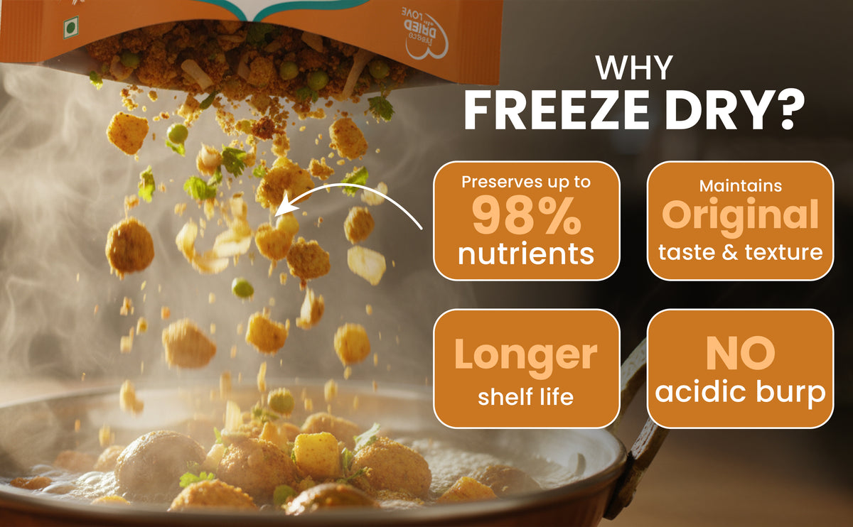 Freeze-dried food being poured into a bowl with text highlighting benefits on a dark background