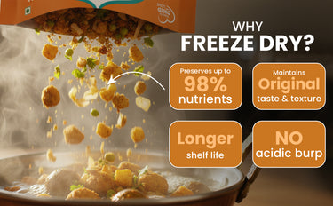 Freeze-dried food being poured into a bowl with text highlighting benefits on a dark background