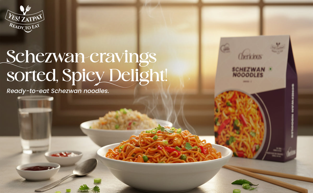 Schezwan noodles with a box and text on a table