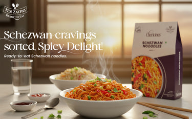 Schezwan noodles with a box and text on a table
