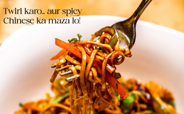 Forkful of spicy Chinese noodles with text overlay on a blurred background