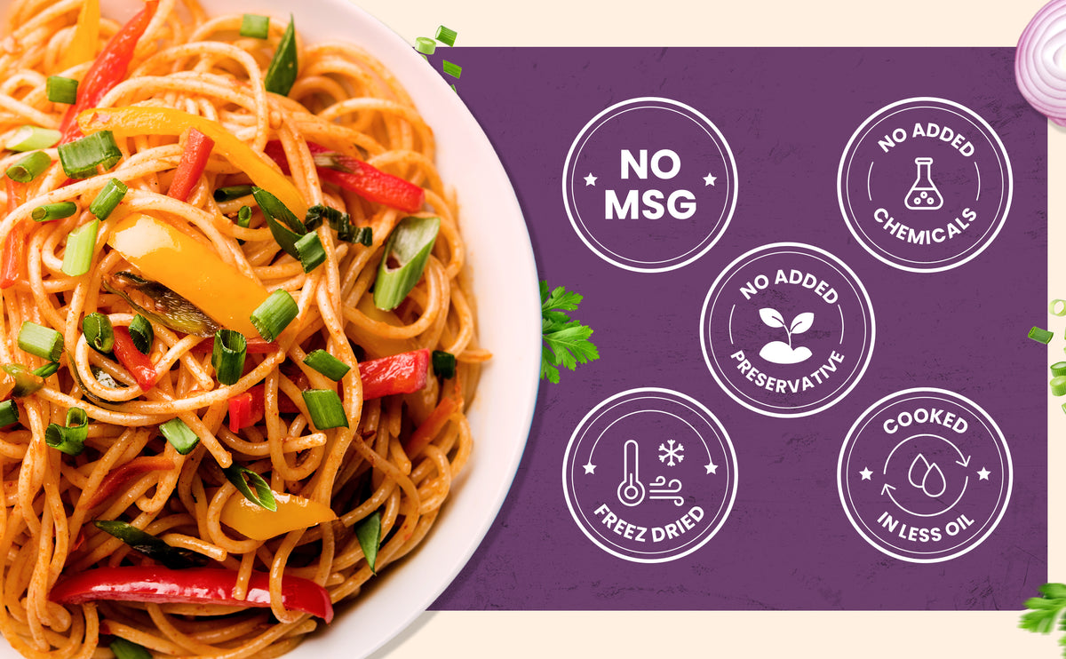 Spaghetti dish with green onions and red peppers on a white plate, next to a purple label with health claims.