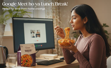 Woman eating noodles with a computer screen displaying a video call, with Sushruta Noodles packaging on a desk.