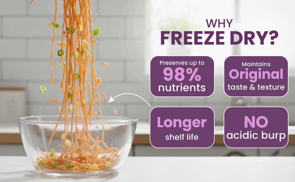 Freeze-dried food being added to a bowl with text highlighting benefits on a kitchen background.
