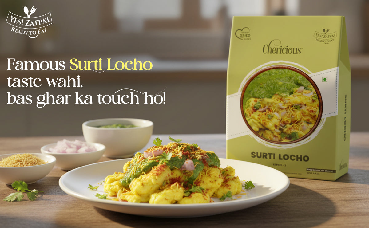 Surti Locho dish with a green box on a wooden table