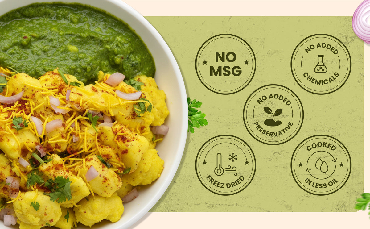 Plated dish of yellow food with green chutney on a green background with certification icons.