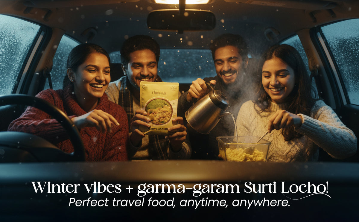 People in a car enjoying Surti Locho with text about winter vibes and travel food.