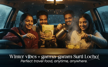People in a car enjoying Surti Locho with text about winter vibes and travel food.